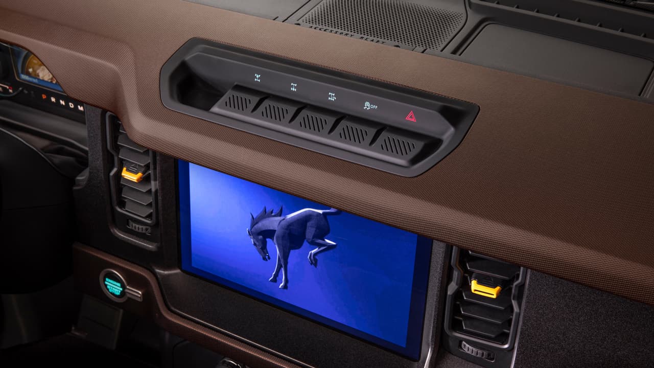 Instrument panel-mounted hero switches, an easy reach for the driver, feature seamless rubber touchpoints to protect against dirt and water and are easily washable in this prototype version of the 2021 Bronco (not representative of production model). (Static display on private property with aftermarket accessories not available for sale.)