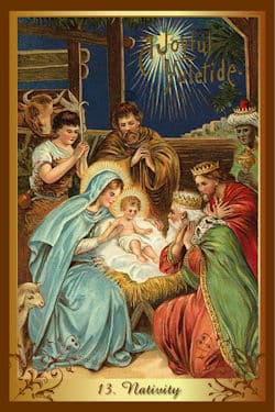 Por ejemplo, la carta número 13, que normalmente representa a La Muerte en el tarot tradicional, acá en esta baraja es simbolizada ni más ni menos que por el Nacimiento de Jesús en el pesebre. Una señal más de que en realidad la carta de la Muerte no es señal de que algo malo nos va a pasar.