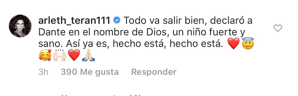 Mientras que la actriz Arleth Terán escribió: “Todo va salir bien, declaro a Dante en el nombre de Dios, un niño fuerte y sano. Así ya es, hecho está, hecho está”, escribió.