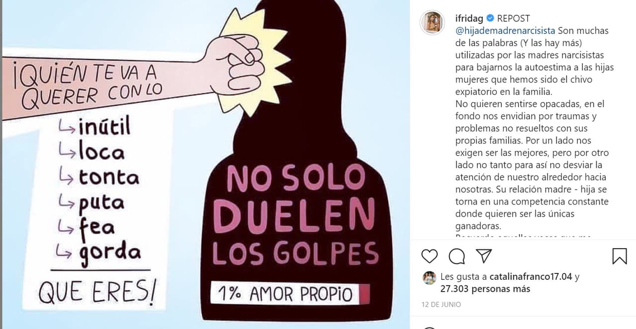 "La madre narcisista, de entrada, niega sus emociones lo que siente: eso no existe. Si no le conviene, no existe", dijo Izaguirre, "como conozco el rasgo, empecé a encontrar similitudes, me metí al Instagram de Frida Sofía y 
<b><a href="https://www.instagram.com/p/CQBweUesCCJ/" target="_blank">veo que pone algo de madre narcisista</a></b>. Ni estoy tan errada yo, ni creo que esté tan errada ella".
