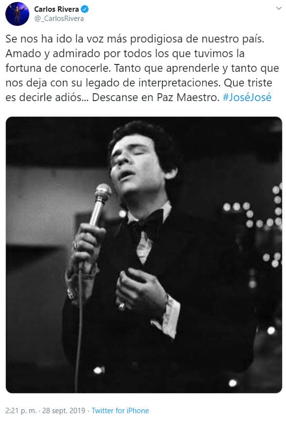 El cantante mexicano Carlos Rivera expresó su admiración hacia José José.