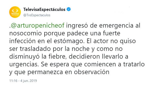 En el tuit también se menciona que el actor no quiso ser trasladado al hospital en la noche, por lo cual fue hasta la mañana de este martes cuando fue atendido.
<br>