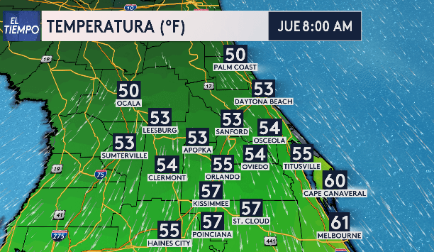 El frente frío dejará temperaturas en los 45 °F en Ocala y en los 55 °F en Orlando.