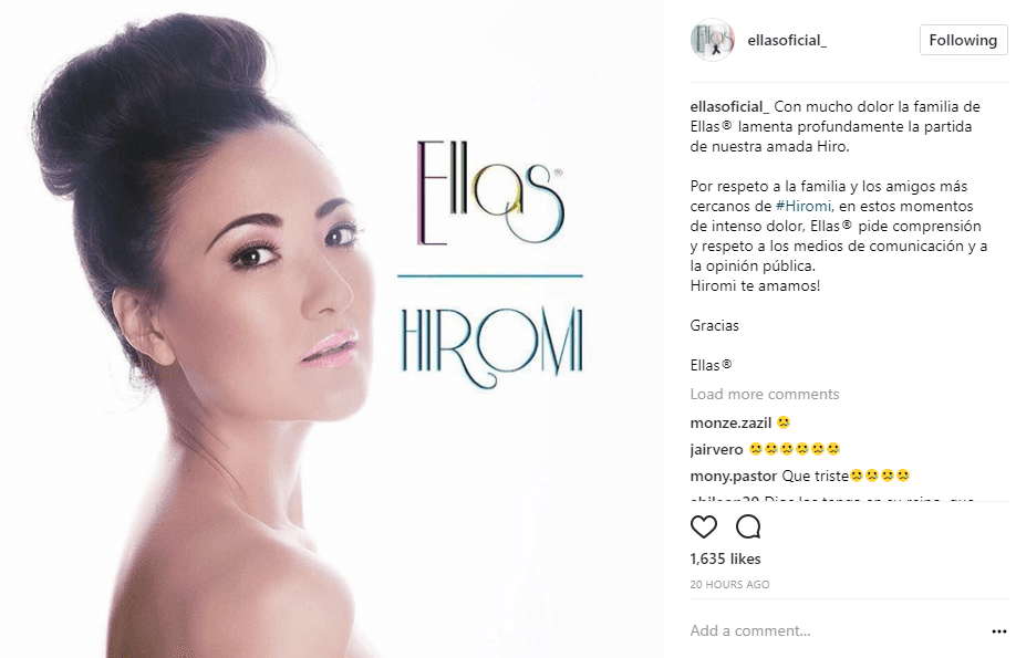 Por su parte, a través de Instagram la cuenta de 'Ellas' publicó esta emotiva imagen para despedir a su compañera de escenario. En el post se puede leer: "Con mucho dolor la familia de 'Ellas' lamenta profundamente la partida de nuestra amada Hiro".