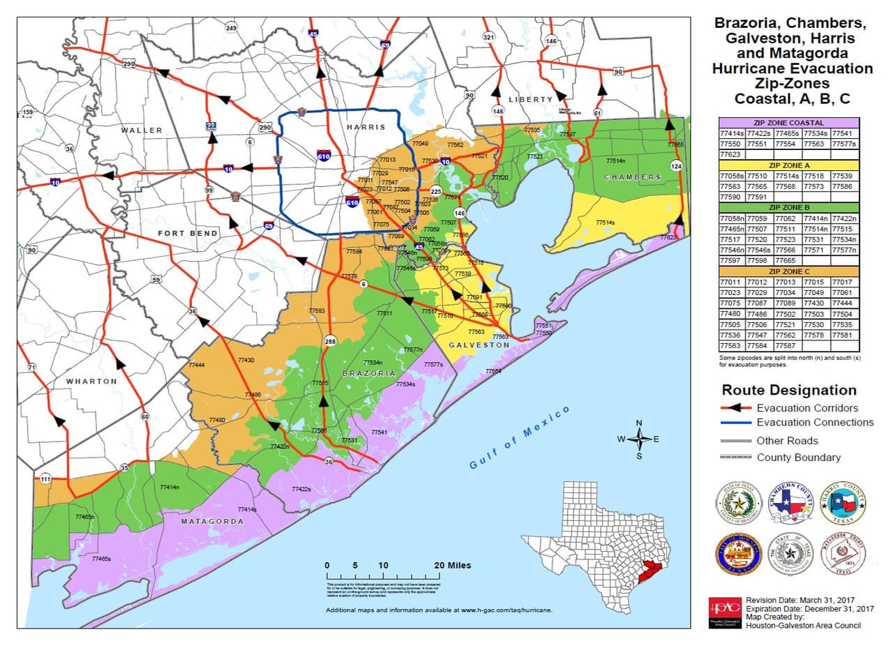Mapa de rutas de evacuación en Galveston, Texas por huracán Harvey