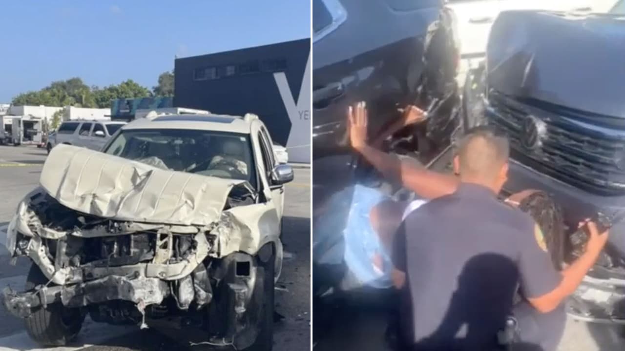 Mujer queda atrapada entre dos carros que chocan de frente en Miami