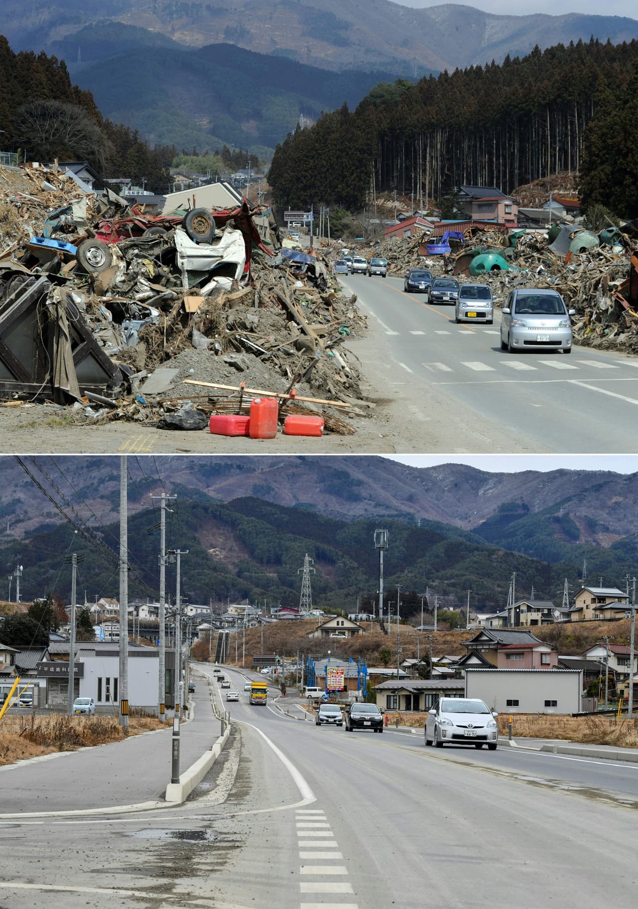 Rikuzentakata, prefectura Iwate. 29 de marzo de 2011 y 27 de enero de 2021.