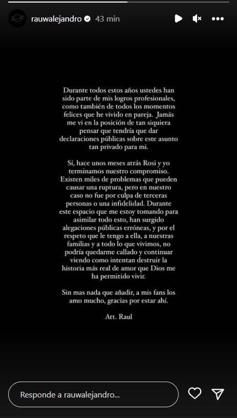 Rauw Alejandro emite comunicado y confirma ruptura con Rosalía.