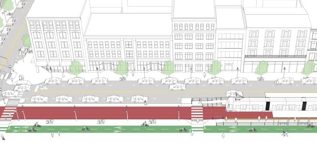 Calle con intersecciones para peatones.