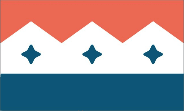 Tres picos de montañas blancas bajo un cielo rojo fangoso, con una estrella azul profundo de cuatro puntas en cada una, descansando sobre una banda azul profundo.