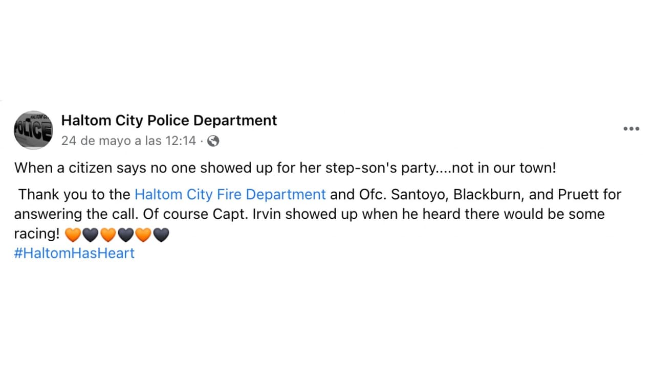 "Cuando un ciudadano nos dice que nadie fue a la fiesta de su hijastro ... eso no pasa en nuestra ciudad. Gracias al Departamento de Bomberos de Haltom City por responder al llamado": fue lo que escribieron los oficiales.