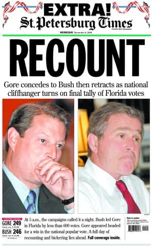 The front page of the St Petersburg Times announces "recount" on the morning on Nov 8 2000