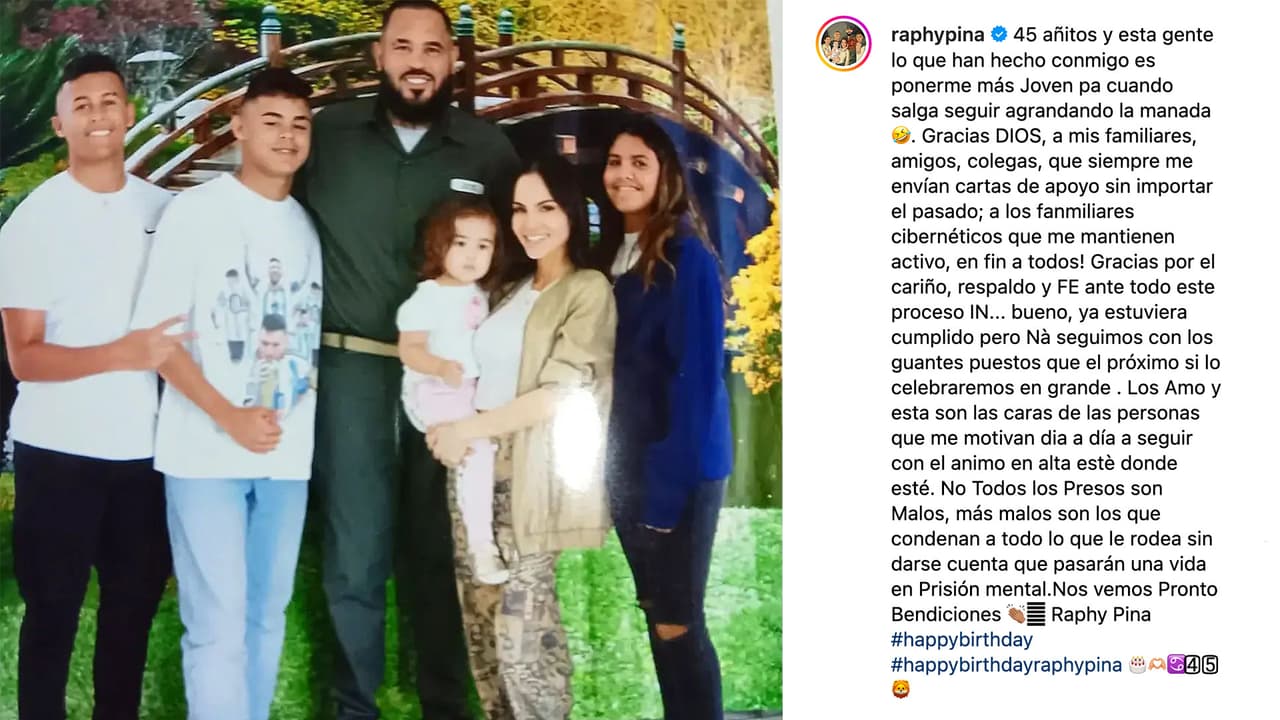 Raphy Pina compartió esta foto con Natti Natasha y sus hijos tras una reciente vista que le hicieron en prisión.