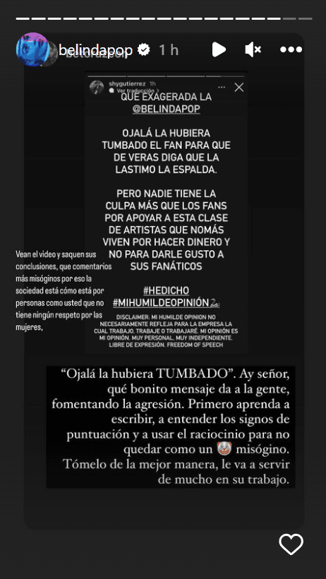 Belinda respondió a quien la llamó "exagerada" tras incidente con fan en un concierto