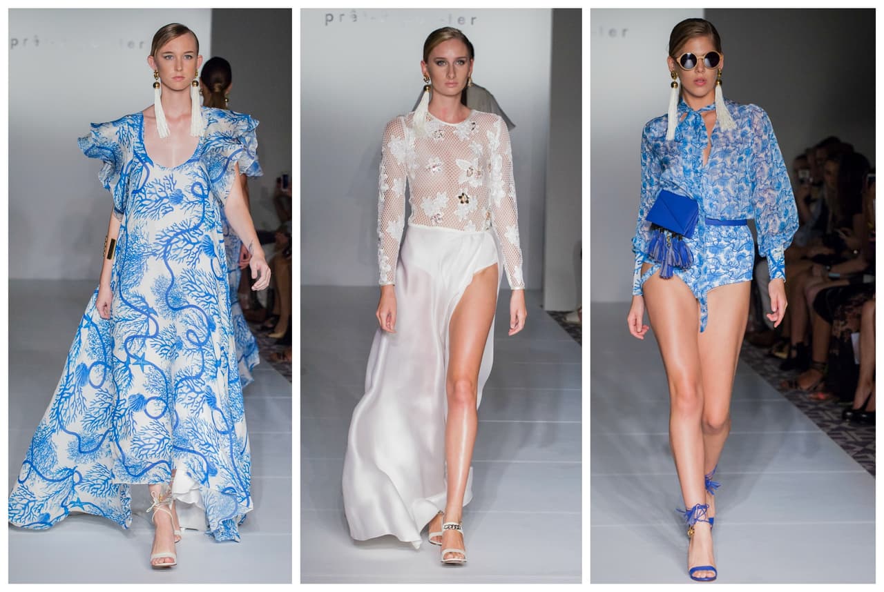 Tres de los 15 looks que presentó la diseñadora en su desfile inspirado en el mar.