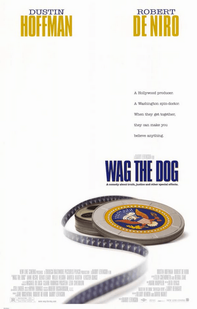 <b>Wag the Dog (1997)</b>
<br>Protagonizada por Robert DeNiro y Dustin Hoffman, esta película muestra como un grupo de expertos de comunicaciones de la Casa Blanca inventa una guerra que solo existe en los medios de comunicación, para distraer la atención del público sobre un escándalo sexual del presidente de Estados Unidos. Varias escenas exteriores fueron filmadas en Bakersfield.