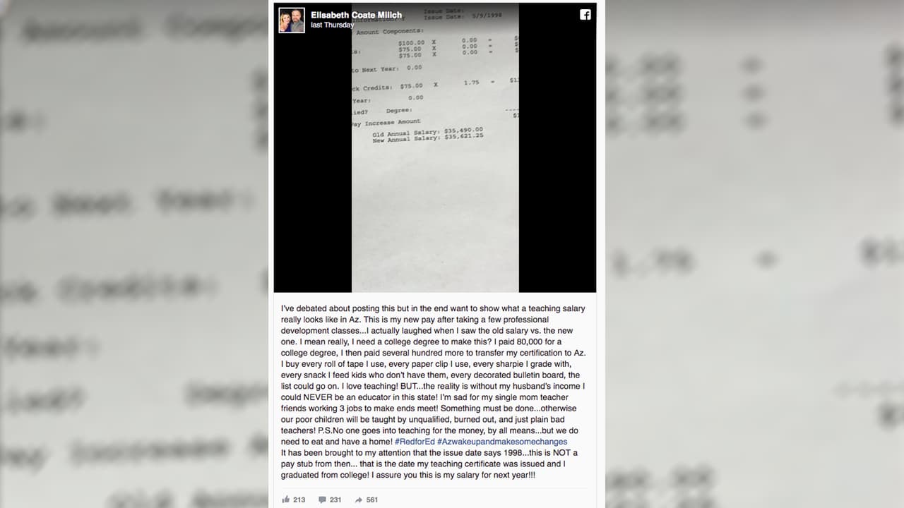 Elisabeth Milich, profesora de segundo grado de Whispering Wind Academy en Phoenix, publicó en Facebook un documento en el que muestra su salario anual.
<br>