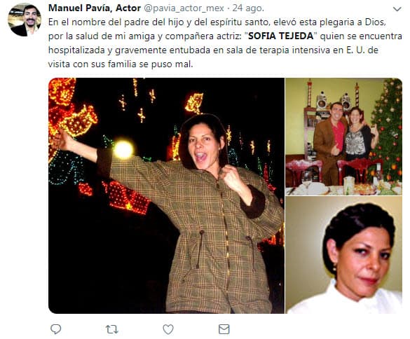 Hasta el momento no se han dado detalles de su deceso, sin embargo, el pasado 24 de agosto el actor Manuel Pavia informó, a través de Twitter, que la actriz estaba hospitalizada y "gravemente entubada".