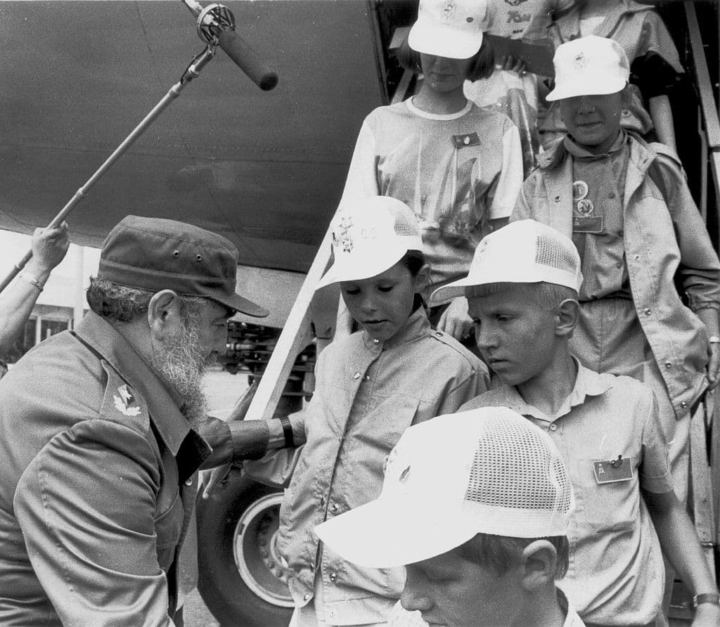 Cuban president, Fidel Castro, receives a group of children affected by the Chernobyl nuclear disaster at the International Airport in Havana, 02 July 1990.