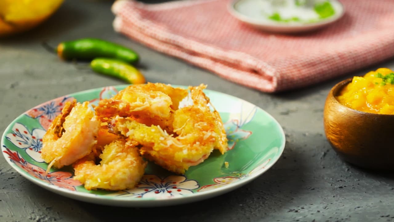 Camarones con coco y salsa de mango