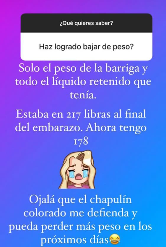 Además se sinceró sobre las libras que ha perdido (y las que le faltan) tras el parto.