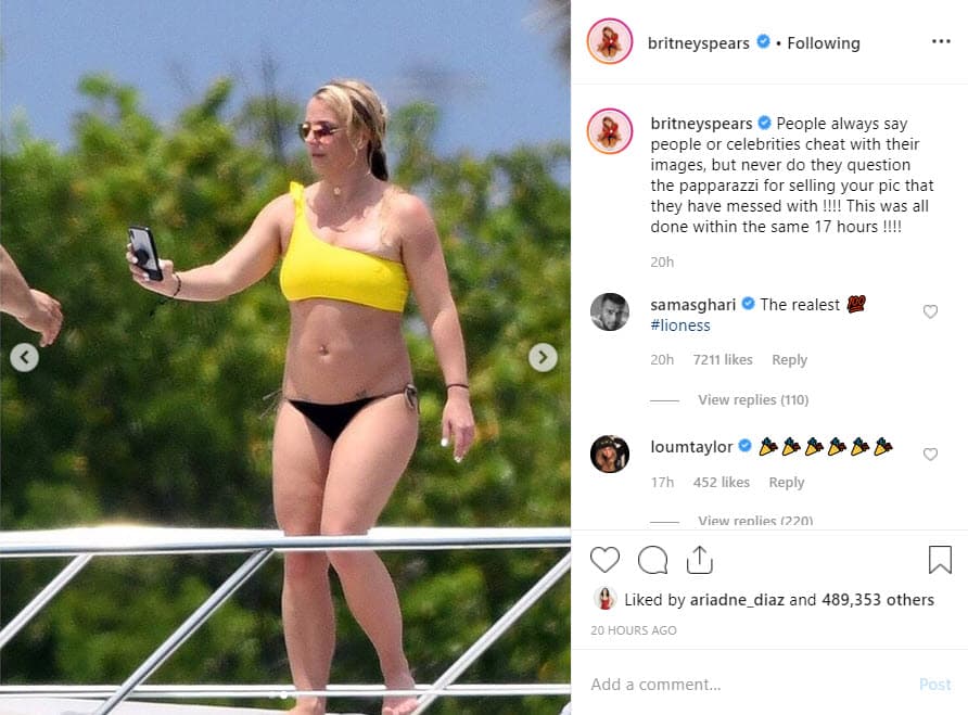 Sin embargo, Britney Spears estaba furiosa con los paparazzi debido a que, a su juicio, se publicaron fotografías en donde parece que tiene algunas libras de más. Una de las imágenes que no la favorecía la divulgó en sus redes sociales.