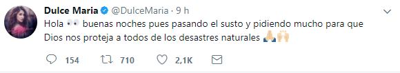 Además, la ex integrante de RBD dijo estar en oración para que Dios proteja a todos de los desastres naturales.