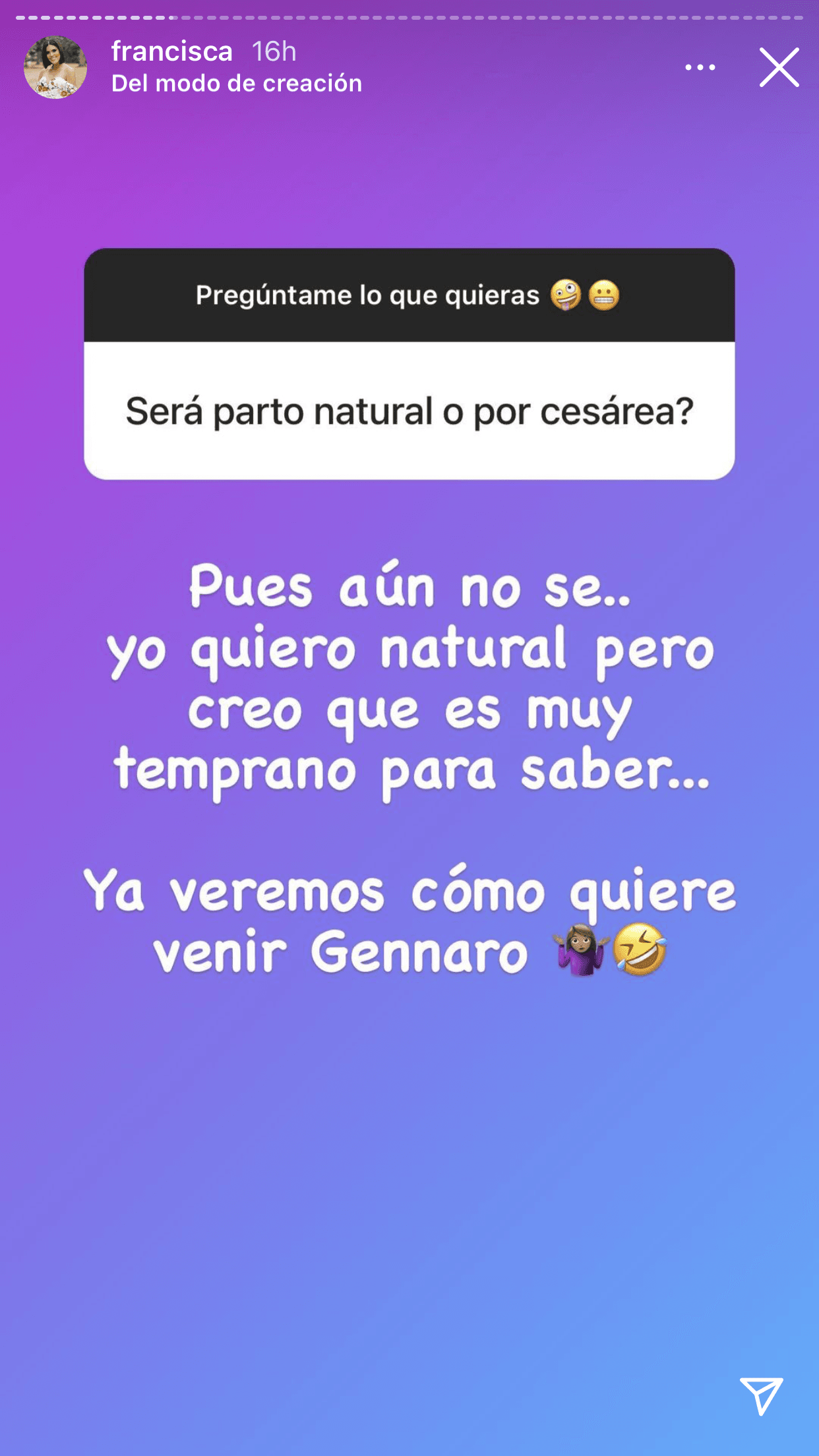 Otro asunto que es una incógnita es cómo quiere traer al mundo a su hijo. Ella prefiere que sea un parto natural, pero sabe que eso dependerá de lo que suceda con su estado de gestación en las próximas semanas y 
<b><a href="https://www.univision.com/shows/despierta-america/lo-escogio-francesco-y-francisca-nos-cuenta-por-que-acepto-llamar-a-su-hijo-gennaro-video" target="_blank">"cómo quiere venir Gennaro". </a></b>
<br>