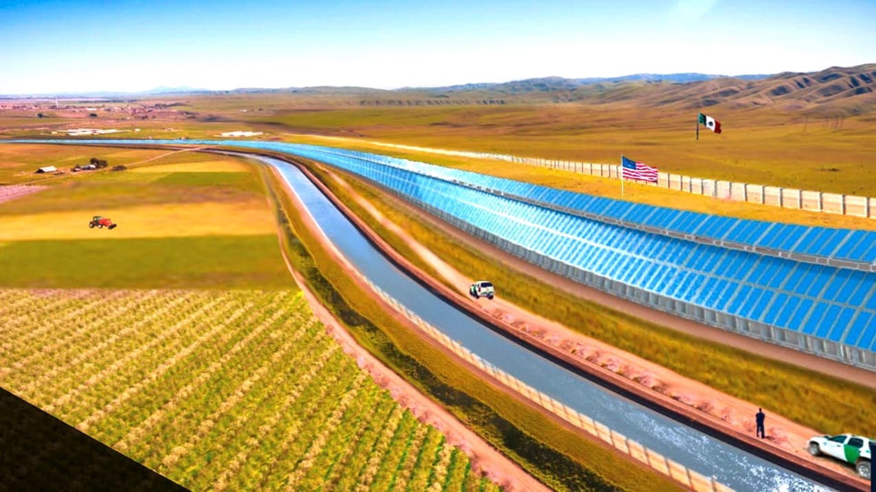 <b>Acueducto:</b> Flujo de agua al lado norte para suministrar a áreas cercanas con muro de 22 pies de alto construido por paneles solares que generarían electricidad para vender a México y con ello financiar la obra. Planteaba que indocumentados participaran en un "programa de trabajo especial" de un año que les daría un estatus legal limitado en EEUU.