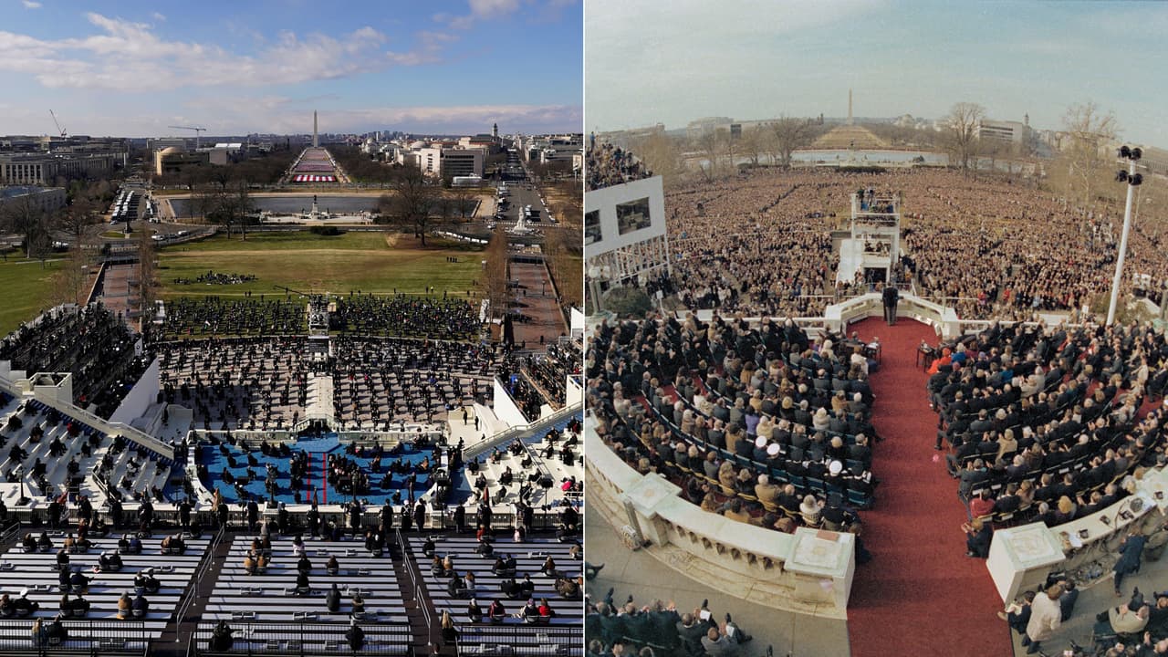 <b>La ceremonia inaugural en tiempos de pandemia. </b>Quedará en la historia la poca presencia de público en esta toma de posesión, en la foto de la derecha, la ceremonia inaugural de Ronald Reagan en 1981, con miles de personas en el national Mall.