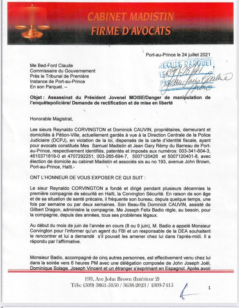The letter from Corvington's lawyer Samuel Madistin describing the June 8 meeting attended by some of those accused in the assassination plot against Haiti's president.