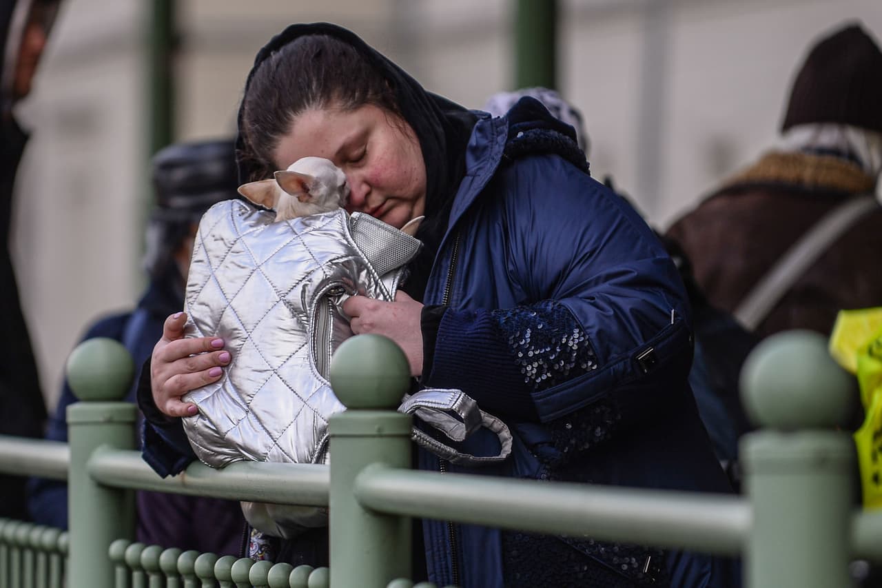 Una mujer ucraniana y su mascota esperan un tren en la ciudad de Przemysl, Polonia. Algunos calculan que solo hacia este país ya han salido más de 400,000 ucranianos.
<br>