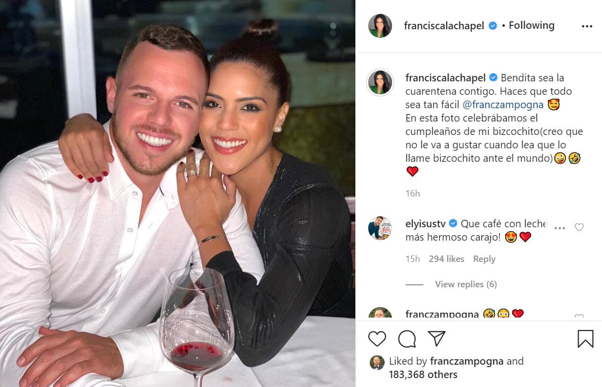 "
<b><a href="https://www.univision.com/shows/despierta-america/la-cuarentena-provoca-que-francisca-lachapel-adopte-el-look-de-mela-la-melaza-y-sus-fans-lo-confirman-fotos" target="_blank">Bendita sea la cuarentena contigo</a></b>. Haces que todo sea tan fácil Francesco Zampogna", escribió al inicio del pie de foto de 
<b><a href="https://www.instagram.com/p/CC1vJ6IjRoR/" target="_blank">esta imagen. </a></b>
<br>