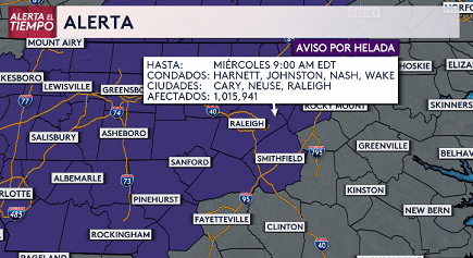 Extienden aviso por helada en estas áreas de Carolina del Norte