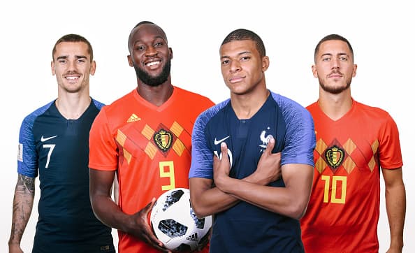 (FILE PHOTO) (EDITORS NOTE: COMPOSITE OF IMAGES - Image numbers 972039682,974380480,974381110,991520114) In this composite image a comparison has been made between Belgian players Romelu Lukaku (2ndL) with Eden Hazard (R) and French players Antoine Griezmann (L) with Kylian Mbappe (2ndR). Belgium and France meet in one of the FIFA World Cup 2018 semi finals. (Photo by FIFA/FIFA via Getty Images)