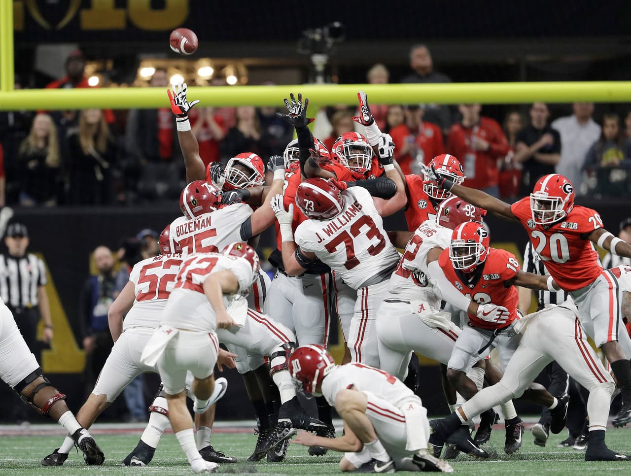 Alabama place kicker Andy Pappanastos misses a field goal during the first half of the NCAA college football playoff championship game against Georgia Monday, Jan. 8, 2018, in Atlanta. (AP Photo/David J. Phillip)