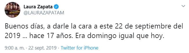 Este 22 de septiembre, al conmemorarse 17 años de que Laura y su hermana Ernestina fueron secuestradas, la actriz emitió un primer tuit, donde reiteró que el día que inició 
<b><a href="https://www.univision.com/shows/el-gordo-y-la-flaca/laura-zapata-asegura-que-ha-sido-amenazada-por-parte-de-su-hermana-ernestina-sodi">el martirio de su familia contra los secuestradores</a></b>, también fue domingo.