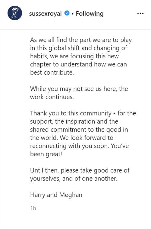 "Si bien es posible que 
<b><a href="https://www.univision.com/shows/el-gordo-y-la-flaca/se-robo-el-show-la-contundente-critica-de-jomari-para-meghan-markle-en-su-ultimo-evento-como-parte-de-la-realeza-video" target="_blank">no nos vean aquí</a></b>, el trabajo continúa", advirtieron en una parte del mensaje.
<br>