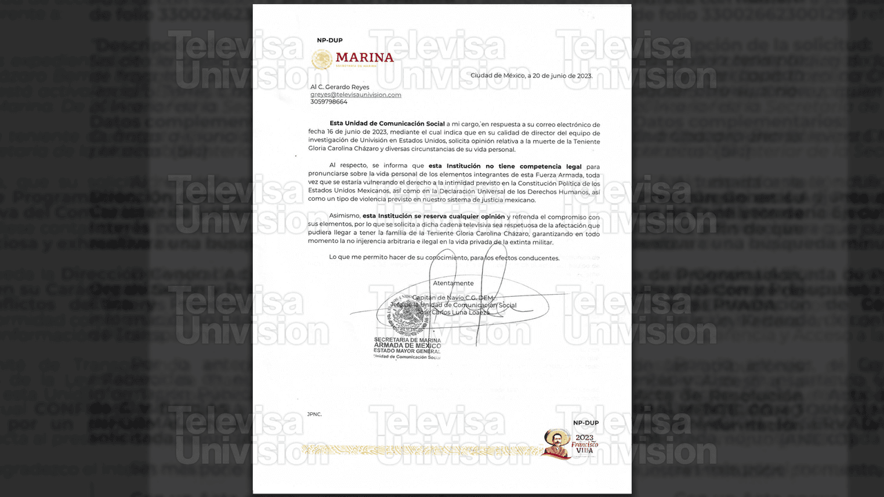 Respuesta de la Secretaría de la Marina sobre la muerte de Gloria Chazaro.