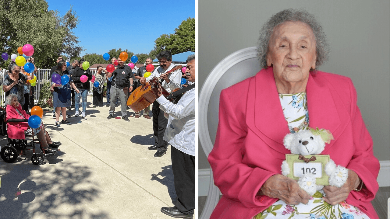 Beatriz Escobedo Vega cumple 102 años y su familia la festeja con una gran fiesta, mariachi y globos