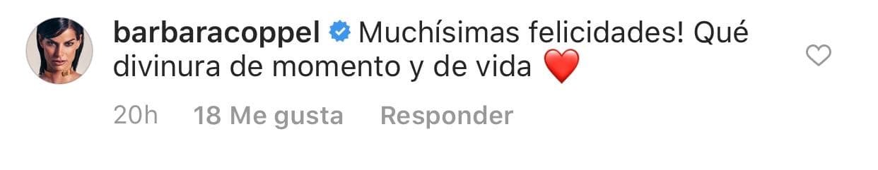 La empresaria 
<b><a href="https://www.univision.com/search?q=barbara-coppel-y-montserrat" target="_blank">Bárbara Coppel</a></b> no perdió oportunidad de expresar: "¡Felicidades! Qué divinura de momento y de vida".