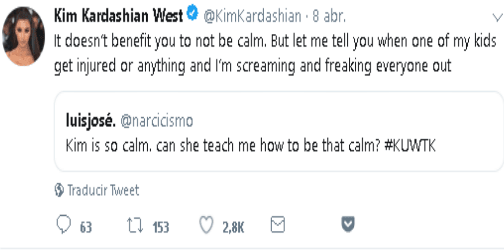 Y Kim Kardashian le contestó que la mayoría de las veces es necesario mantener esa tranquilidad: "No estar tranquilo no te beneficia, pero déjame decirte algo, cuando uno de mis hijos se lastima o cualquier cosa, empiezo a gritar y vuelvo loco a todo el mundo".