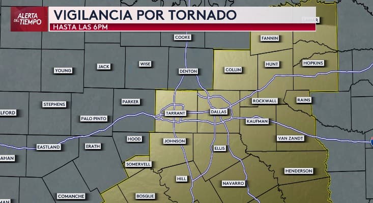 Tenemos una Vigilancia por Tornado para Dallas, Tarrant, Collin y otros condados del este y sur hasta las 6:00pm. Es decir que se pueden dar las condiciones para que ocurra un tornado.