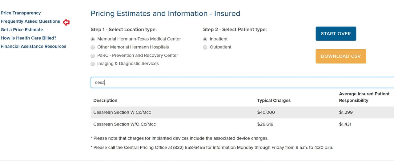 Esto es lo que aparece al buscar el precio de una cesárea para un paciente con seguro médico en el Memorial Hermann del Centro Médico de Houston.