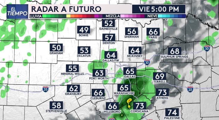 A las 5:00pm, tendremos algunas lluvias en zonas como Waxahacie, Cosicana y y el sur de Dallas.