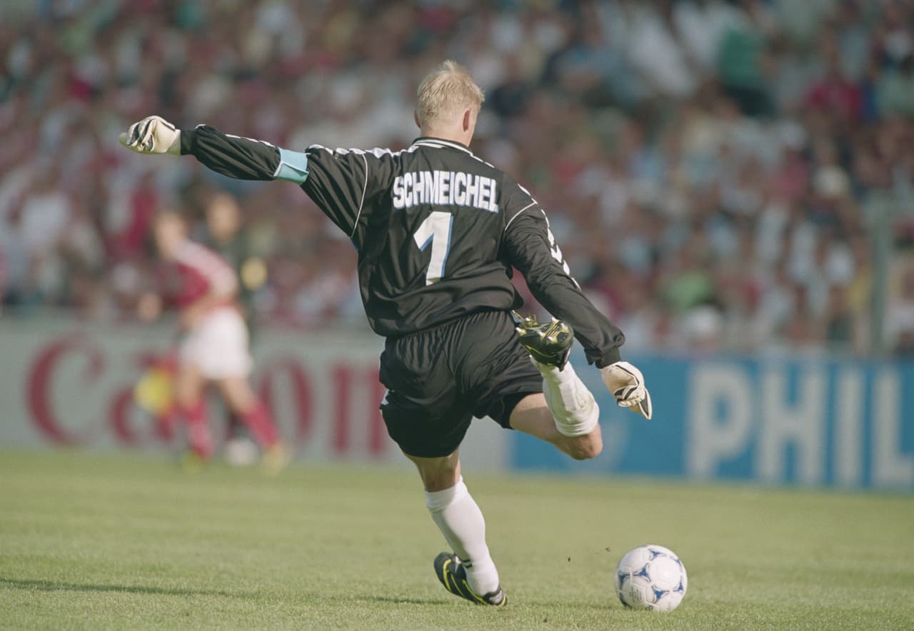 18 Jun 1998: Denmark captain Peter Schmeichel kicks upfield during the World Cup group C game against South Africa at the Stade de la Beaujoire in Nantes, France. The match ended 1-1. \ Mandatory Credit: Stu Forster /Allsport