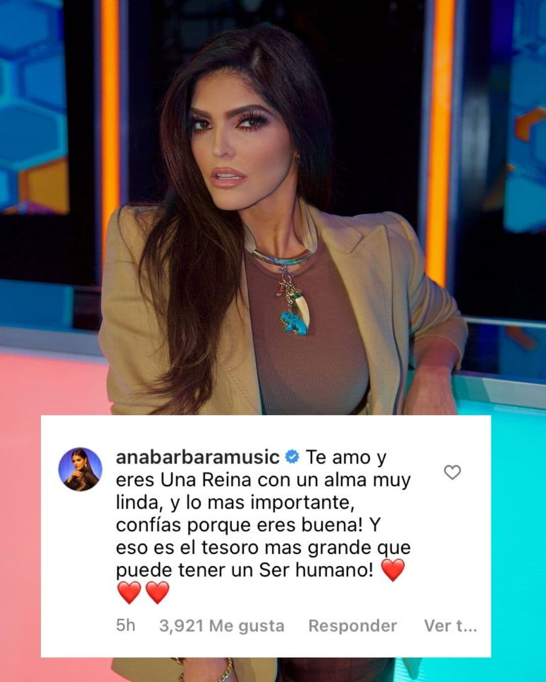 <b>Ana Bárbara</b>, amiga de la familia y compositora del tema 'En realidad', éxito de Ángela Aguilar, le dejó un mensaje en el que enaltece su nobleza. "Te amo y
<b>eres una reina</b> con un alma muy linda, y lo más importante, confías porque eres buena. Y eso es el tesoro más grande que puede tener un ser humano", redactó la cantante.