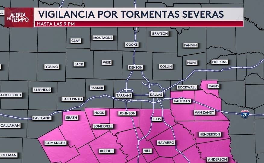Se emite 
<b>una vigilancia por tormentas severas hasta las 9 de la noche para varios condados hacia el sur y este del Metroplex</b>. Esta vigilancia no incluye las ciudades de Dallas y Fort Worth.