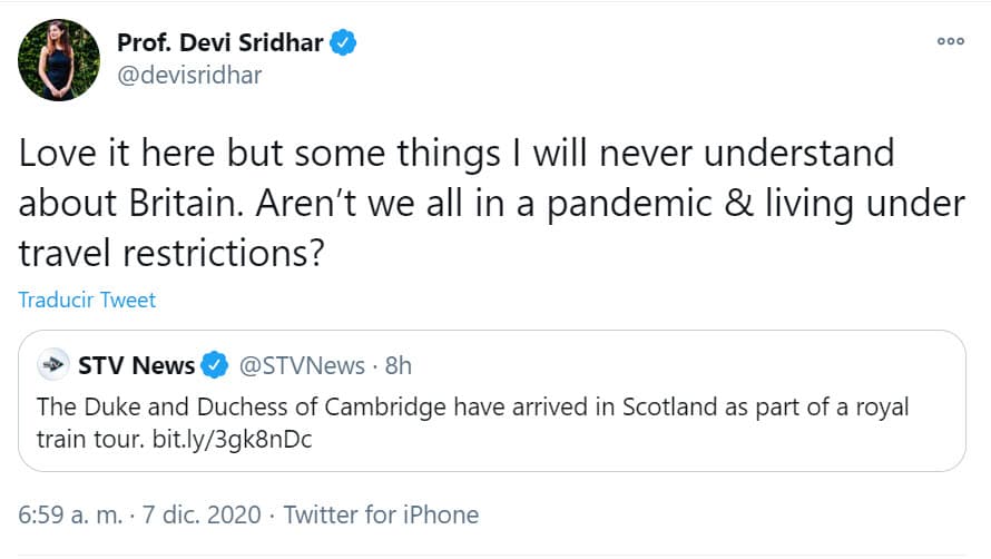 La presidenta de Salud Pública Global de la Escuela de Medicina de la Universidad de Edimburgo, Devi Sridhar, también criticó la gira: "Me encanta estar aquí, pero algunas cosas que nunca entenderé sobre Gran Bretaña: ¿No estamos todos en una pandemia y 
<b><a href="https://twitter.com/devisridhar/status/1335932058301030401" target="_blank">viviendo bajo restricciones de viaje</a></b>?".