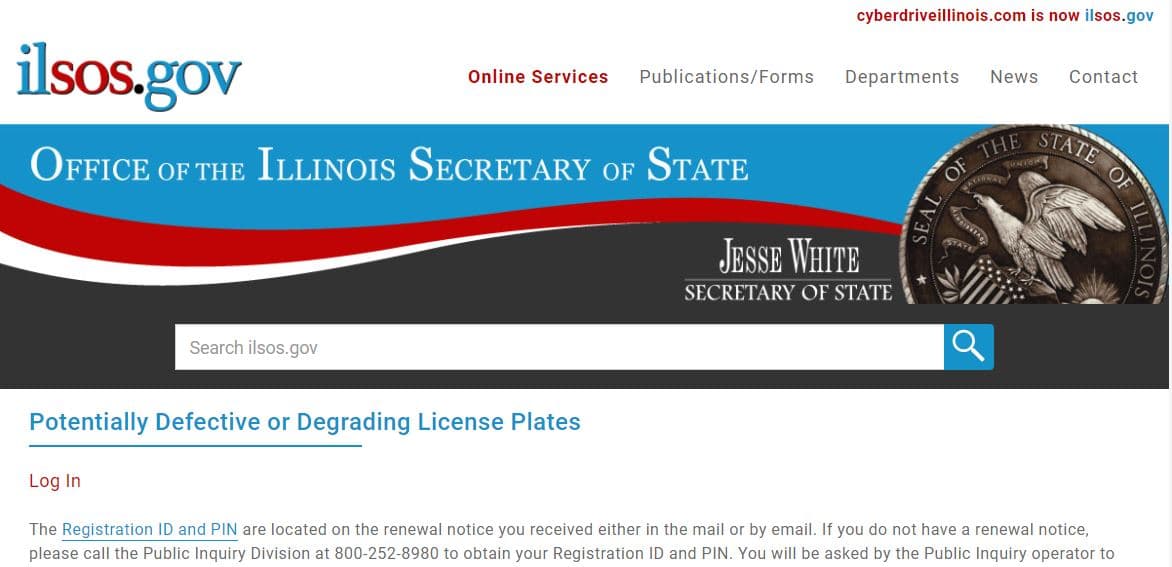 Haga su reporte de placas dañadas llamando al 800-252-8980 o visite el sitio 
<a href="https://apps.ilsos.gov/defectiveplate/">https://apps.ilsos.gov/defectiveplate/</a>